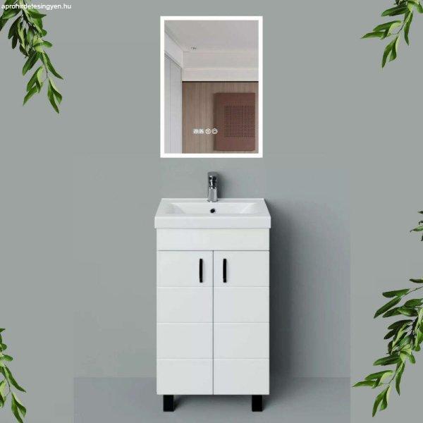 HD HÉRA 50 cm széles álló fürdőszobai mosdószekrény, fényes fehér,
fekete kiegészítőkkel, 2 soft close ajtóval, szögletes kerámia mosdóval
és LED okostükörrel