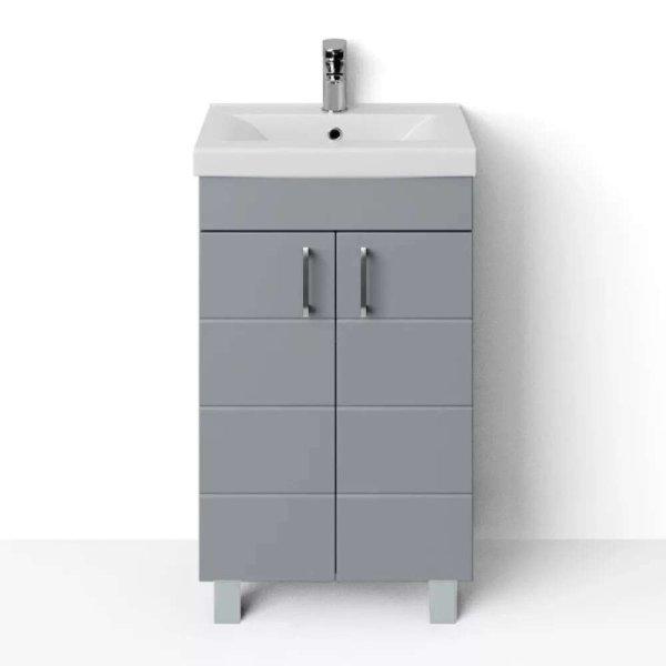 HD HÉRA 50 cm széles álló fürdőszobai mosdószekrény, világos szürke,
króm kiegészítőkkel, 2 soft close ajtóval, szögletes kerámia mosdóval