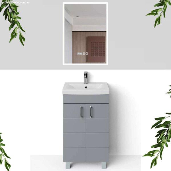 HD HÉRA 50 cm széles álló fürdőszobai mosdószekrény, világos szürke,
króm kiegészítőkkel, 2 soft close ajtóval, szögletes kerámia mosdóval
és LED okostükörrel