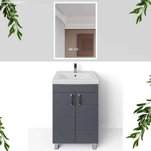 HD HÉRA 55 cm széles álló fürdőszobai mosdószekrény, sötét szürke,
króm kiegészítőkkel, 2 soft close ajtóval, szögletes kerámia mosdóval
és LED okostükörrel