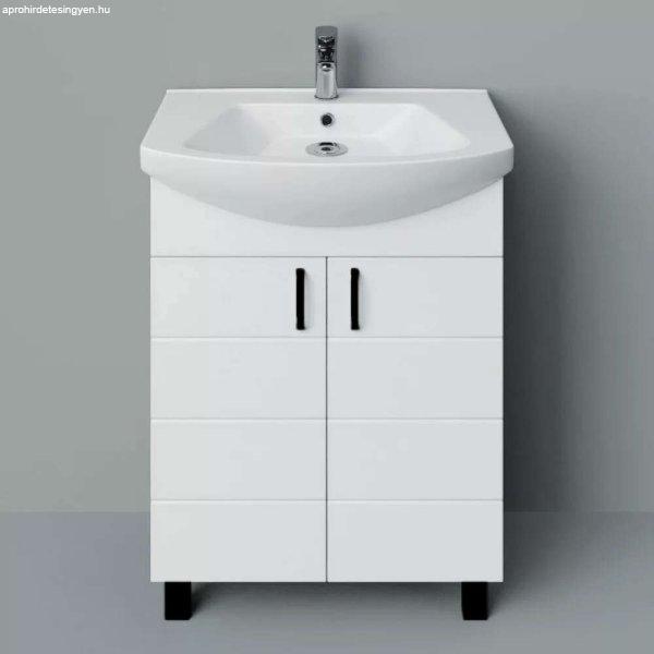MART 65 cm széles álló fürdőszobai mosdószekrény, fényes fehér, fekete
kiegészítőkkel, 2 soft close ajtóval, íves kerámia mosdóval