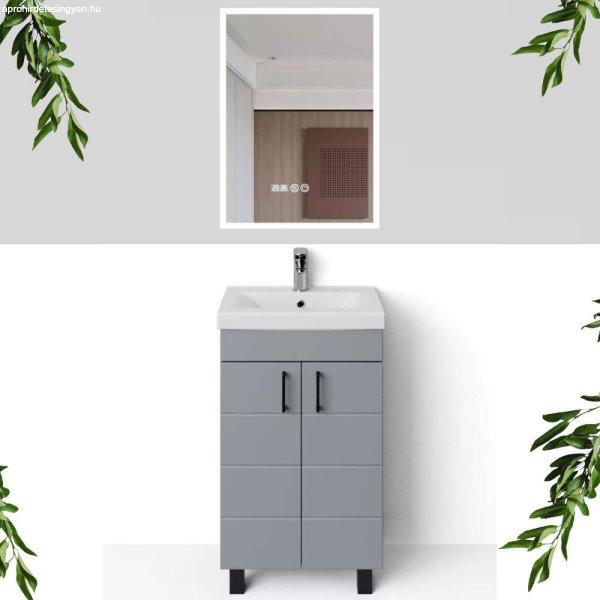 HD HÉRA 50 cm széles álló fürdőszobai mosdószekrény, világos szürke,
fekete kiegészítőkkel, 2 soft close ajtóval, szögletes kerámia mosdóval
és LED okostükörrel