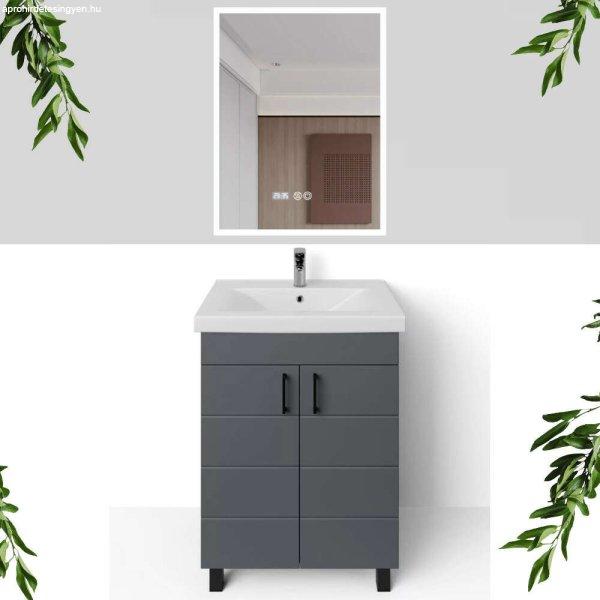 HD HÉRA 65 cm széles álló fürdőszobai mosdószekrény, sötét szürke,
fekete kiegészítőkkel, 2 soft close ajtóval, szögletes kerámia mosdóval
és LED okostükörrel