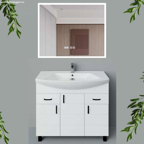 HD MART 100 cm széles álló fürdőszobai mosdószekrény, fényes fehér,
fekete kiegészítőkkel, 3 soft close ajtóval és 2 fiókkal, íves kerámia
mosdóval és LED okostükörrel
