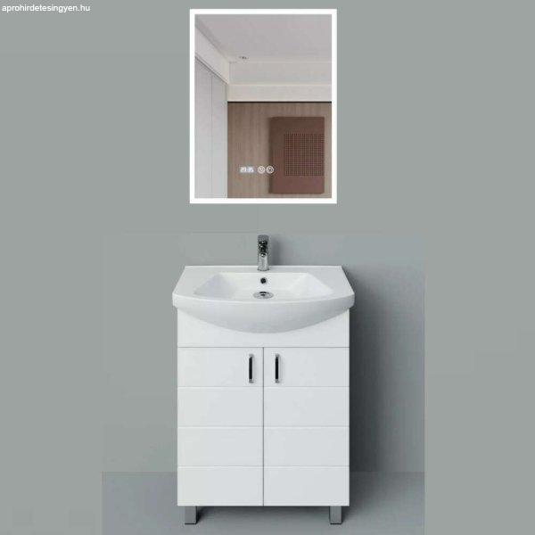 HD MART 55 cm széles álló fürdőszobai mosdószekrény, fényes fehér,
króm kiegészítőkkel, 2 soft close ajtóval, íves kerámia mosdóval és LED
okostükörrel