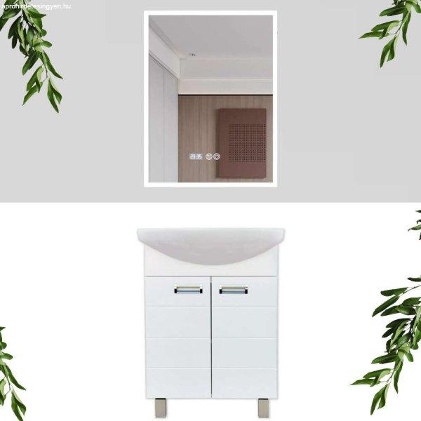 LEDA 65 cm széles álló fürdőszobai mosdószekrény króm kiegészítőkkel,
íves kerámia mosdóval, soft close ajtókkal és LED okostükörrel