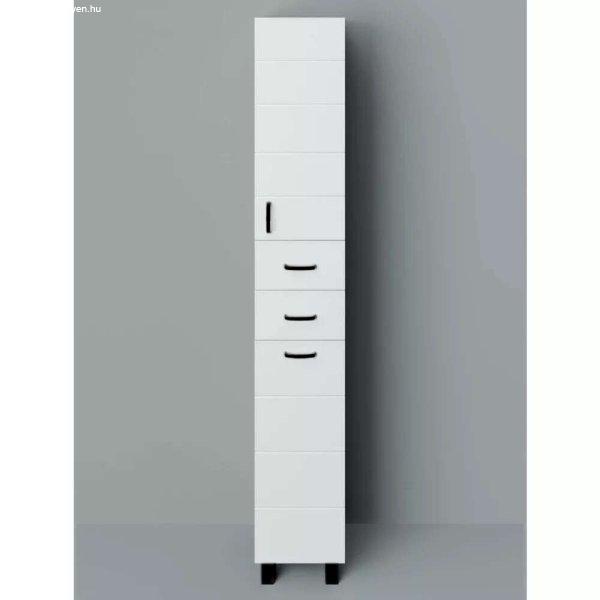 HD MART 30 cm széles szennyestartós álló fürdőszobai magas szekrény,
fényes fehér, fekete kiegészítőkkel, 1 soft close ajtóval, 2 fiókkal és
szennyestartóval