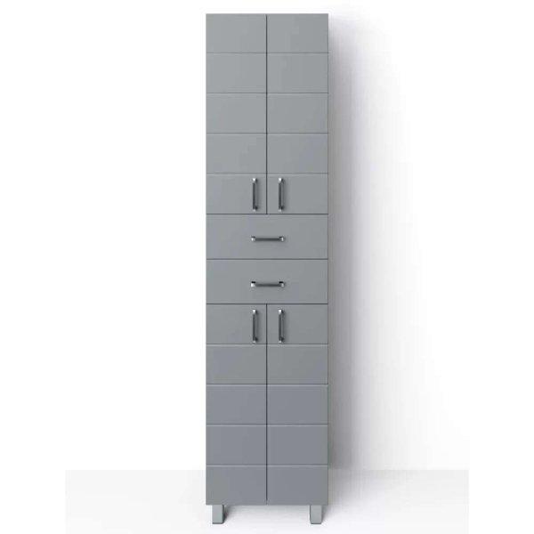 MART 45 cm széles polcos álló fürdőszobai magas szekrény, világos
szürke, króm kiegészítőkkel, 4 soft close ajtóval és 2 fiókkal
