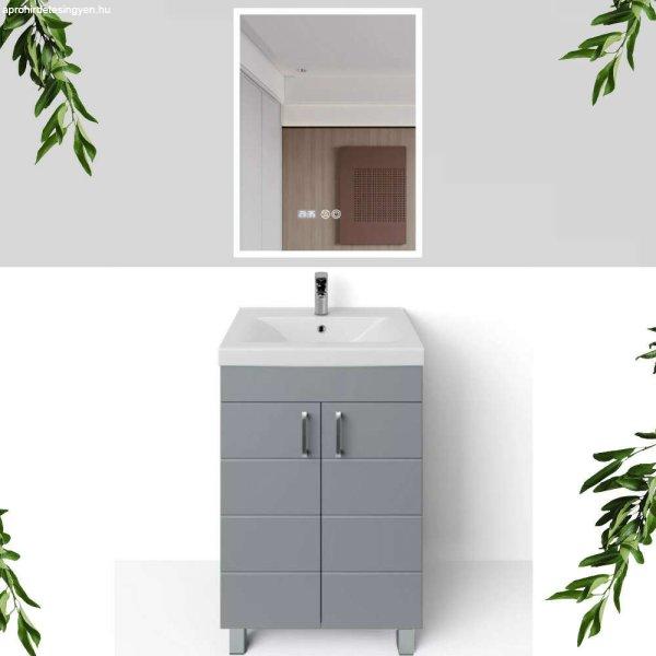 HÉRA 55 cm széles álló fürdőszobai mosdószekrény, világos szürke,
króm kiegészítőkkel, 2 soft close ajtóval, szögletes kerámia mosdóval
és LED okostükörrel