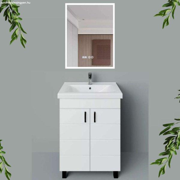 HÉRA 65 cm széles álló fürdőszobai mosdószekrény, fényes fehér, fekete
kiegészítőkkel, 2 soft close ajtóval, szögletes kerámia mosdóval és LED
okostükörrel