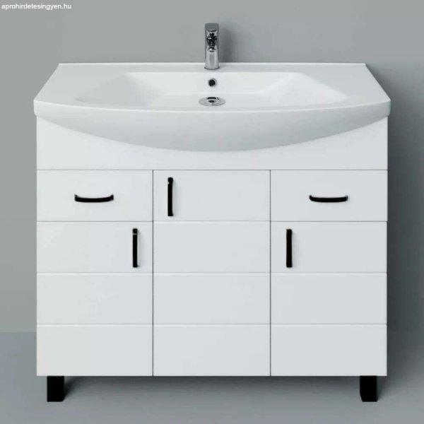 HD MART 100 cm széles álló fürdőszobai mosdószekrény, fényes fehér,
fekete kiegészítőkkel, 3 soft close ajtóval és 2 fiókkal, íves kerámia
mosdóval