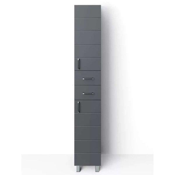 HD MART 30 cm széles polcos álló fürdőszobai magas szekrény, sötét
szürke, króm kiegészítőkkel, 2 soft close ajtóval és 2 fiókkal