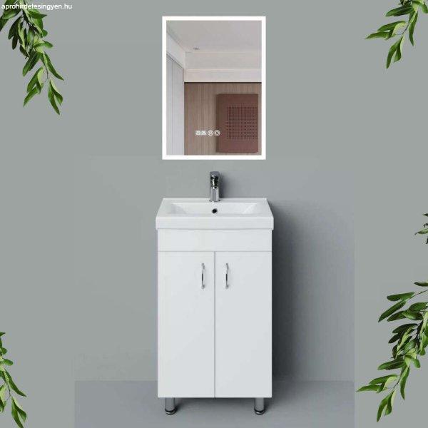 HD LIGHT 50 cm széles álló fürdőszobai mosdószekrény, fényes fehér,
króm kiegészítőkkel, 2 ajtóval, szögletes kerámia mosdóval és LED
okostükörrel