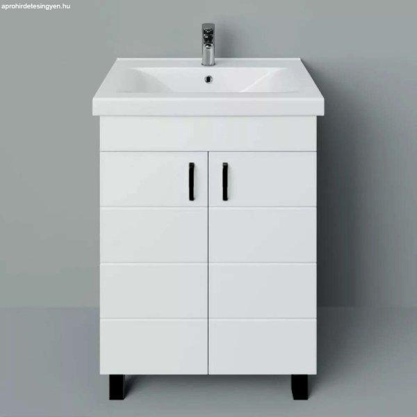 HD HÉRA 65 cm széles álló fürdőszobai mosdószekrény, fényes fehér,
fekete kiegészítőkkel, 2 soft close ajtóval, szögletes kerámia mosdóval