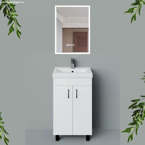 HD LIGHT 50 cm széles álló fürdőszobai mosdószekrény, fényes fehér,
fekete kiegészítőkkel, 2 ajtóval, szögletes kerámia mosdóval és LED
okostükörrel