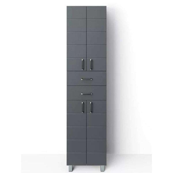 MART 45 cm széles polcos álló fürdőszobai magas szekrény, sötét szürke,
króm kiegészítőkkel, 4 soft close ajtóval és 2 fiókkal
