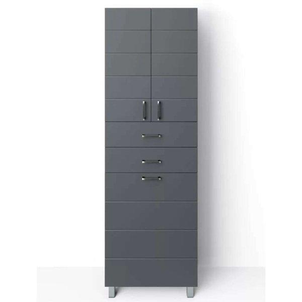 HD MART 60 cm széles szennyestartós álló fürdőszobai magas szekrény,
sötét szürke, króm kiegészítőkkel, 2 soft close ajtóval, 2 fiókkal és
szennyestartóval