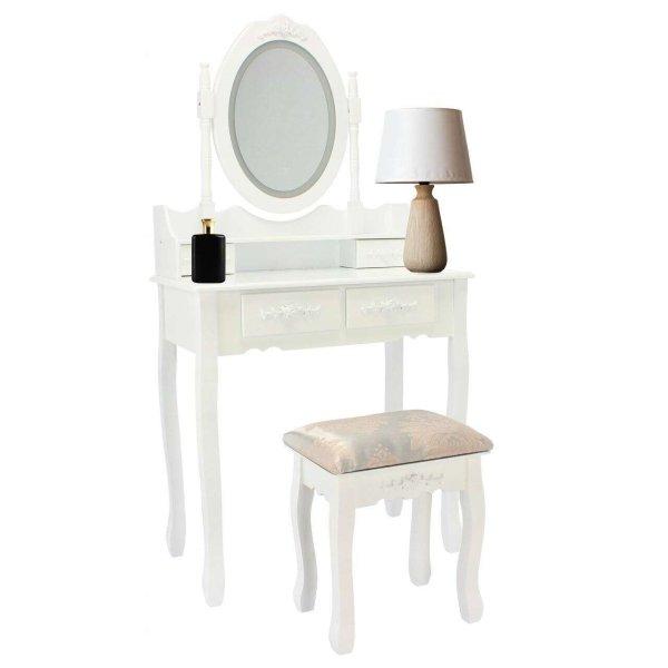 Öltözőasztal, smink, fehér, LED tükörrel, fiókokkal és zsámoly,
74x40x143 cm