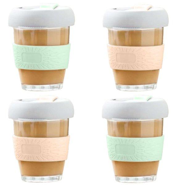4 kávés/teapohár készlet, Quasar & Co.®, To Go modell, hővédelemmel és
szilikon fedéllel, üveg, 4x320 ml, zöld/korall
