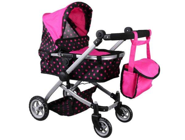 2 az 1-ben játék babakocsi, megfordítható ülő- és fekvőrésszel,
táskával fekete-rózsaszín színben 45 x 37 x 14 cm