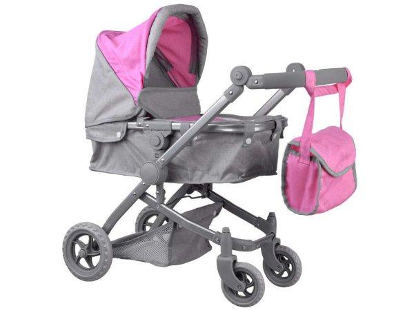 2 az 1-ben játék babakocsi, megfordítható ülő- és fekvőrésszel,
táskával szürke-rózsaszín színben 45 x 37 x 14 cm