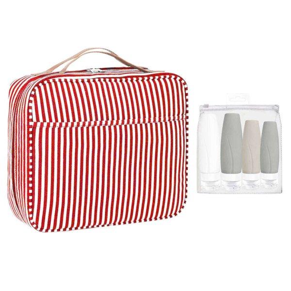 Utazókészlet, Quasar &Co.®, kozmetikai táskával és 4 x útiadagoló
tartállyal, vízálló belső, textil/szilikon, piros-szürke