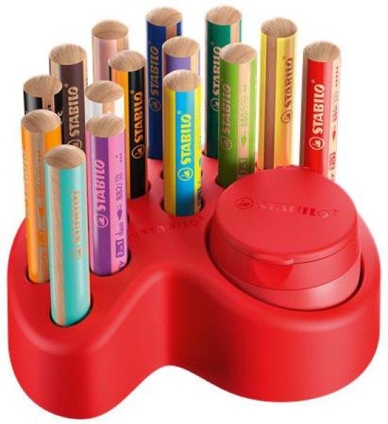 Színes ceruza készlet asztali tartóban, kerek, vastag, STABILO "Woody 3
in 1", 15 különböző szín, hegyezővel