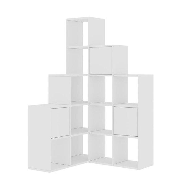 Sarok könyvespolc tároló dobozokkal, fehér 150 cm - PYRAMIDE - Butopêa