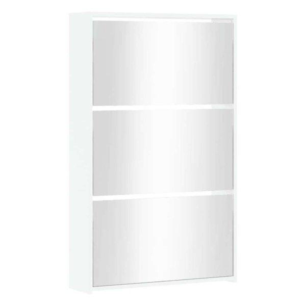 Magasfényű fehér 3-szintes cipőszekrény tükörrel 63x17x102,5 cm