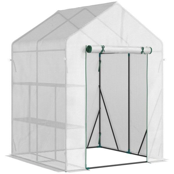 Növényi üvegház, Outsunny, Acél/PE, 2 polc, Gördülő ajtó, 143 x 143 x
195 cm, Fehér