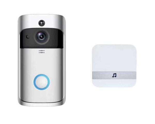 AOVO Ajtócsengő videokamera HD WiFi, vezeték nélküli kapcsolat,
mozgásérzékelő, éjszakai mód, iOS és Android kompatibilis,
hangérzékelő, vezeték nélküli térfigyelő kamera, csengő, vevő
tartalmazza