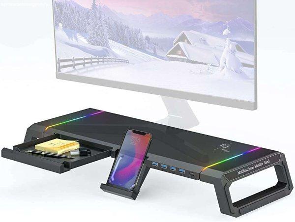 Ergonomikus laptop asztal RGB játékvilágítással és USB 3.0 hubbal,
képernyőállvány tárolóval, ergonomikus monitorasztal telefonállvánnyal,
fekete színű