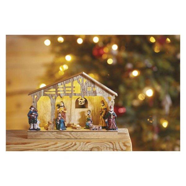LED karácsonyi betlehem, fa, 19 cm, 3x AA, beltéri, meleg fehér, időzítő