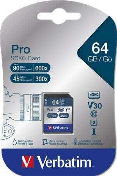64GB SDXC Verbatim UHS-I Pro memóriakártya (47022)