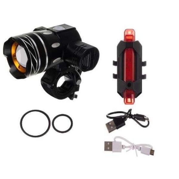 Féklámpa készlet kerékpárhoz, 2xCREE LED XM-L T6, 7 világítási mód,
alumínium és műanyag, USB töltés, 7,5x8,5x9,5 cm, Trizand