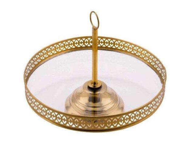 Asztali kínáló arany színű fém, üvegbetéttel, 25x25x21cm