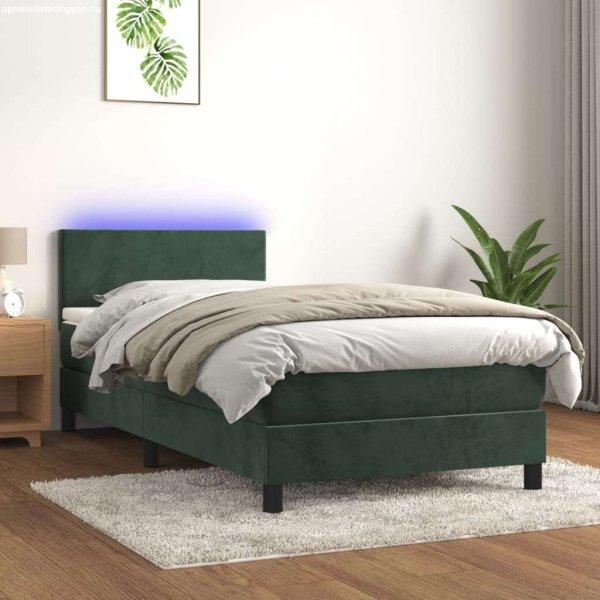 vidaXL sötétzöld bársony rugós és LED-es ágy matraccal 100x200 cm
