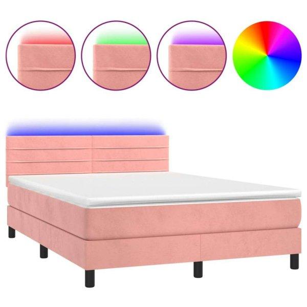 Rózsaszín bársony rugós és led-es ágy matraccal 140x200 cm