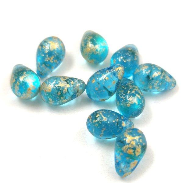 Cseh préselt csepp gyöngy - Aqua Gold Patina - 6x9mm (tetején fúrt)