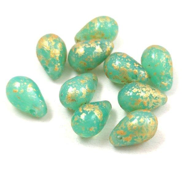 Cseh préselt csepp gyöngy - Opal Turquoise Green - 6x9mm (tetején fúrt)