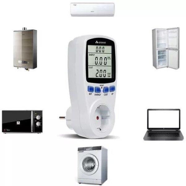 Digitális fogyasztásmérő, wattmérő LCD kijelzővel,
költségszámlálóval
