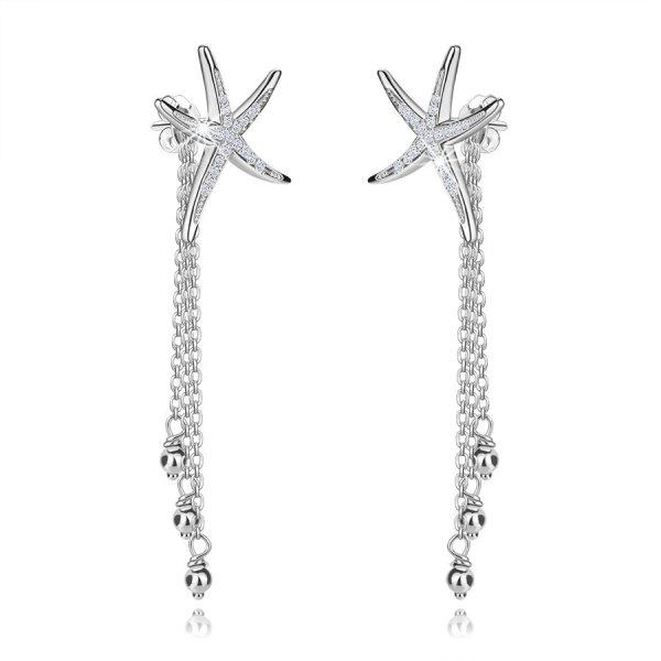 925 ezüst fülbevaló – tengeri csillag, kerek cirkóniák, dekoratív rövid
láncok