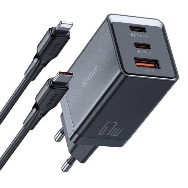 GaN Mcdodo CH-1544 hálózati töltő, 2x USB-C, 1x USB, 67 W + USB-C -
Lightning kábel (fekete)