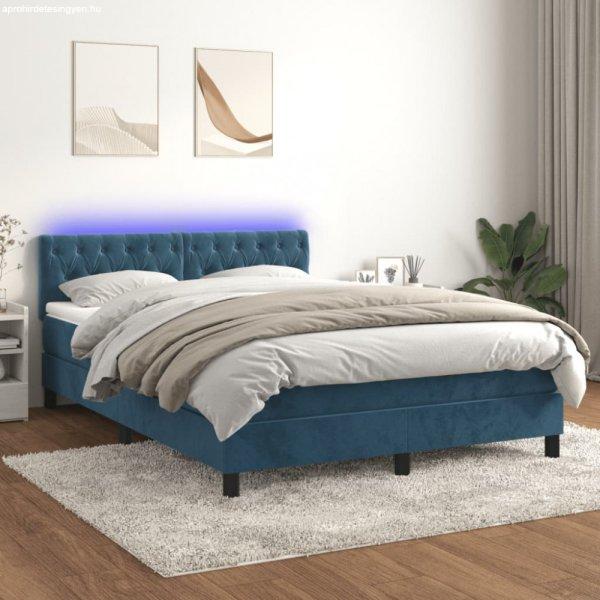Sötétkék bársony rugós és LED-es ágy matraccal 140x200 cm