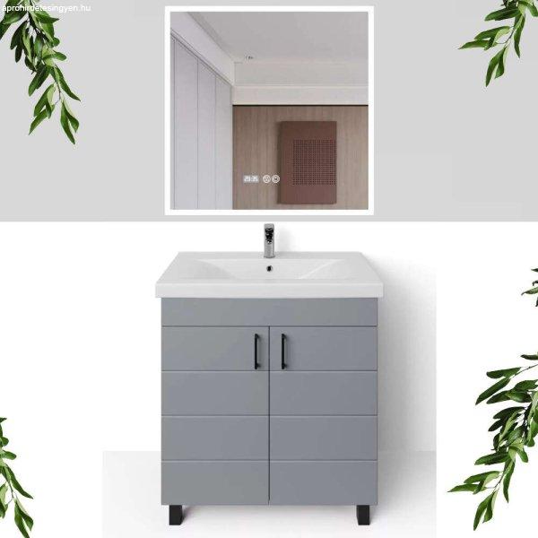 HD HÉRA 85 cm széles álló fürdőszobai mosdószekrény, világos szürke,
fekete kiegészítőkkel, 2 soft close ajtóval, szögletes kerámia mosdóval
és LED okostükörrel