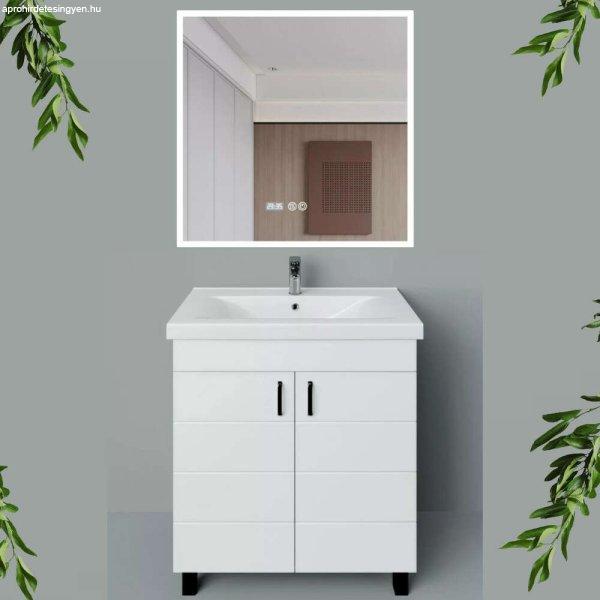 HD HÉRA 85 cm széles álló fürdőszobai mosdószekrény, fényes fehér,
fekete kiegészítőkkel, 2 soft close ajtóval, szögletes kerámia mosdóval
és LED okostükörrel