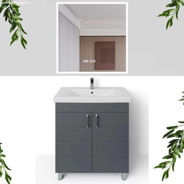 HD HÉRA 85 cm széles álló fürdőszobai mosdószekrény, sötét szürke,
króm kiegészítőkkel, 2 soft close ajtóval, szögletes kerámia mosdóval
és LED okostükörrel