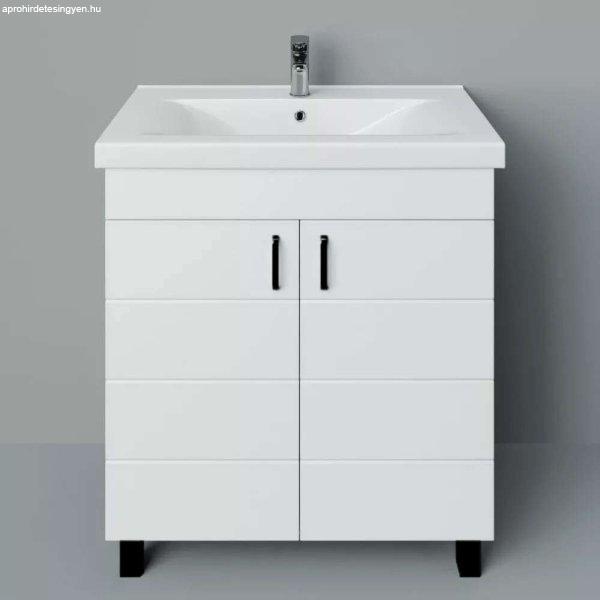 HÉRA 85 cm széles álló fürdőszobai mosdószekrény, fényes fehér, fekete
kiegészítőkkel, 2 soft close ajtóval, szögletes kerámia mosdóval