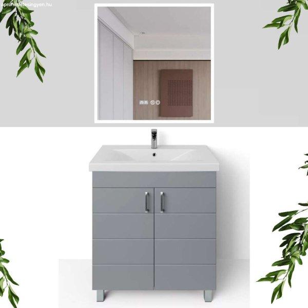 HD HÉRA 85 cm széles álló fürdőszobai mosdószekrény, világos szürke,
króm kiegészítőkkel, 2 soft close ajtóval, szögletes kerámia mosdóval
és LED okostükörrel