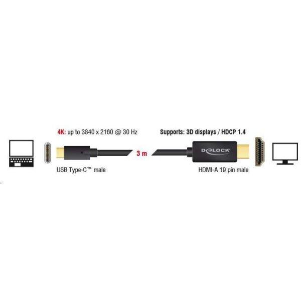 Delock USB Type-C csatlakozó > HDMI csatlakozó (DP váltakozó mód) 4K 30Hz,
3m, kábel fekete (85260) (85260)